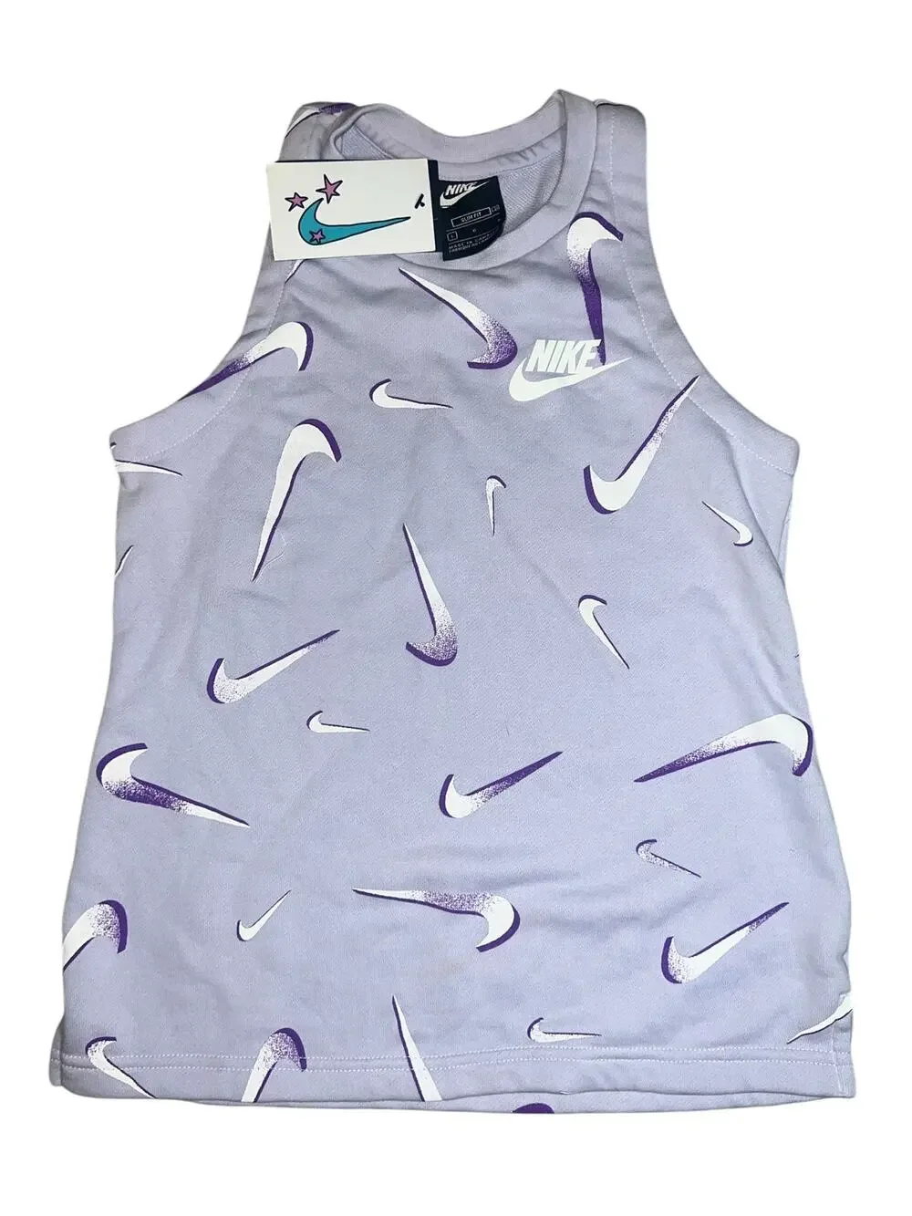 Nike Girl's Purple French Terry White All Over Swoosh Tank Top size Large NEW